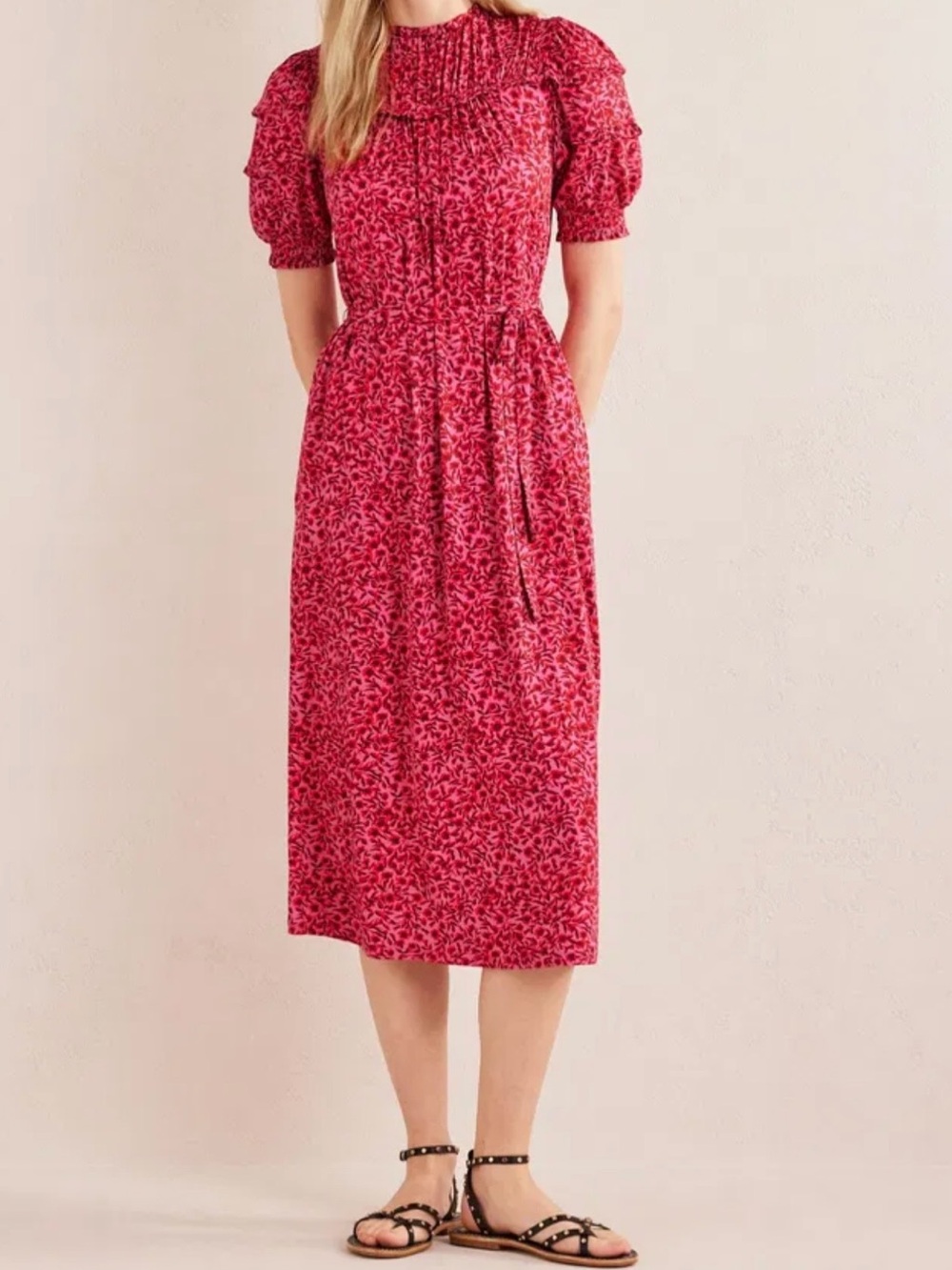 Boden Yoke Detail Jersey Midi Dress | Size 8 | Pink Print | Like New